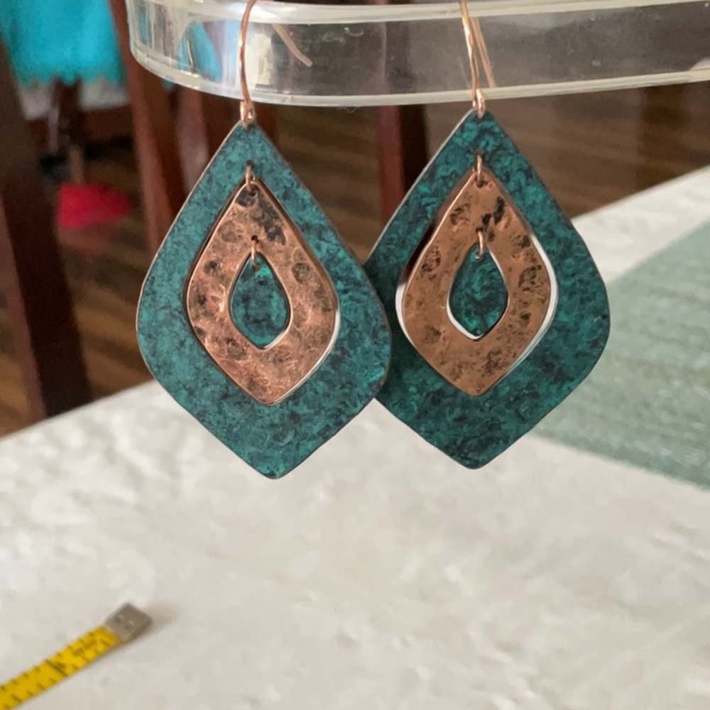 Earrings - Teal/Green and Gold wire earrings